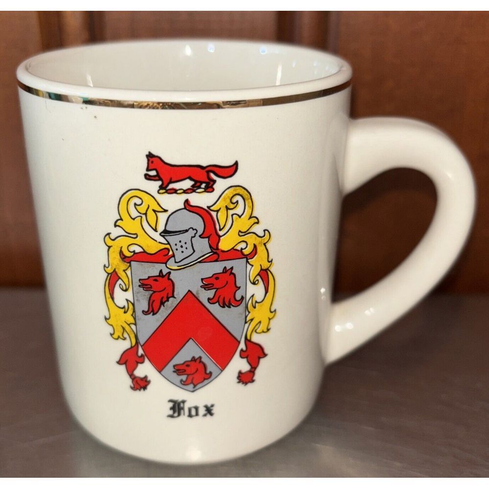 NEW Vintage‎ FOX Family Crest Coat of Arms Gold Rim Coffee Cup Ceramic Mug 70s
